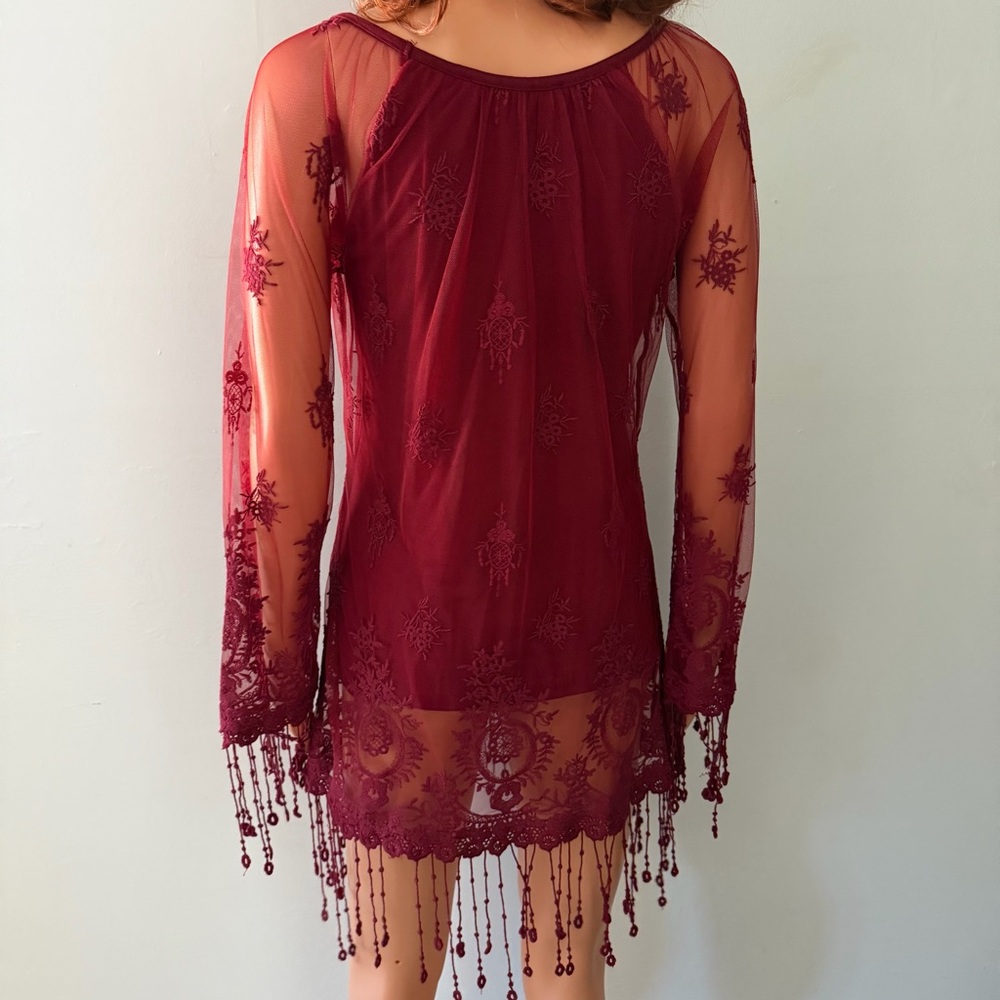 Boston Proper Red Sheer Overlay Tunic Bell Sleeve Boho Whimsigoth Romantic XS - Picture 12 of 12
